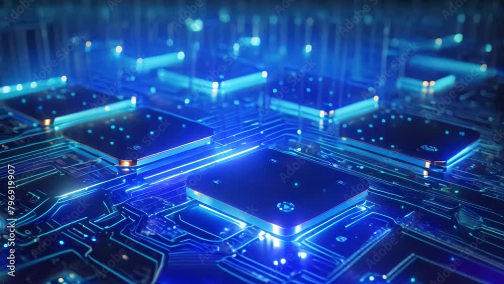 Poster circuit board with microchips and connections. 3d rendering, big data flow with cyber blockchain on 