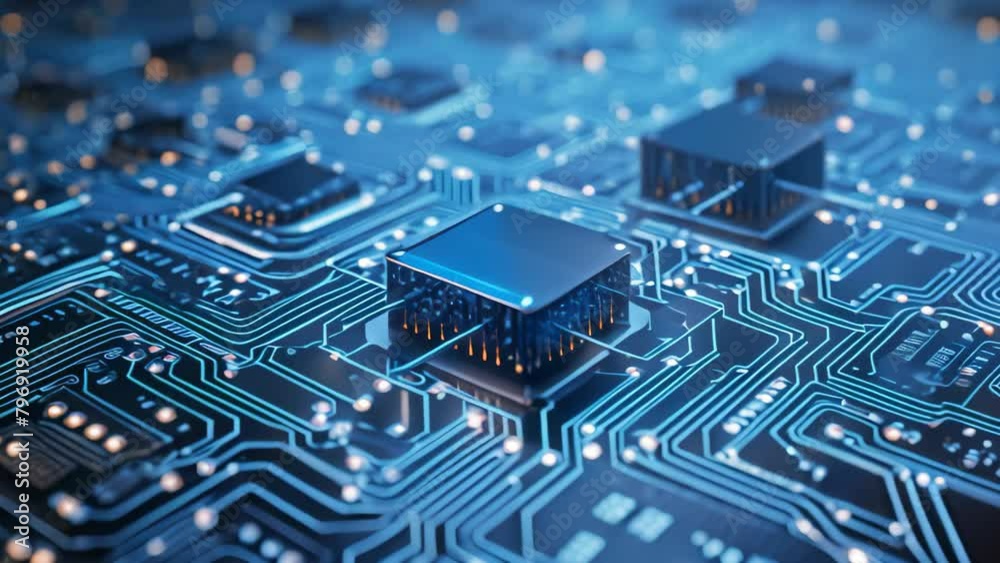 Poster circuit board close-up. technology background. 3d rendering, big data flow with cyber blockchain on 
