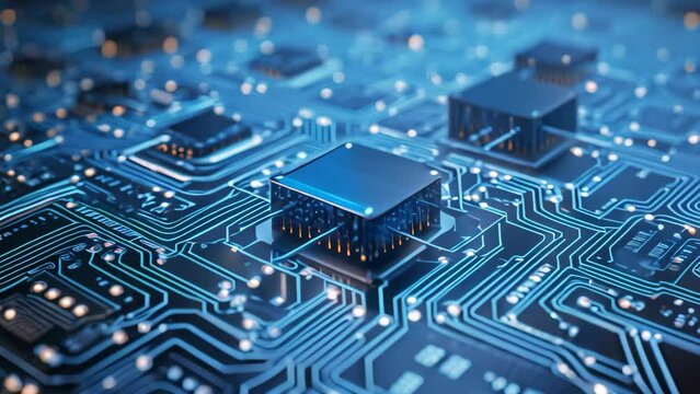 Circuit board close-up. Technology background. 3d rendering, Big data flow with cyber blockchain on a circuit board incorporating a blue network system