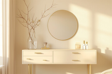 interior with mirror, Delight in the serene beauty of an empty modern, minimal beige dressing table, adorned with gold handle drawer storage