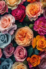 Colored flowers wallpaper top view Rainbow roses wide banner