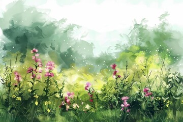 A cluster of wildflowers adds a splash of color to the meadow, kawaii water color