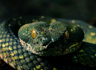Fototapeta premium Closeup portrait of a dangerous Snake hiding in leaves, macro photography, 