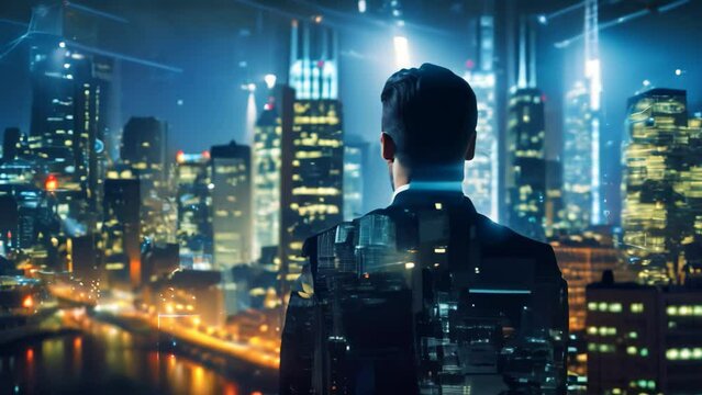 Back view of young businessman against night cityscape working with virtual panel, Businessman leveraging AI technology against a blurry urban area background