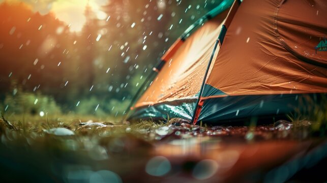 Raindrops patter gently on the roof of a tent pitched in a serene natural setting, enhancing the experience of outdoor adventure and camping amidst nature's beauty