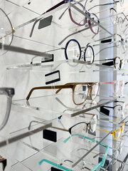 display full of glasses of all kinds and models in the opticians' shop