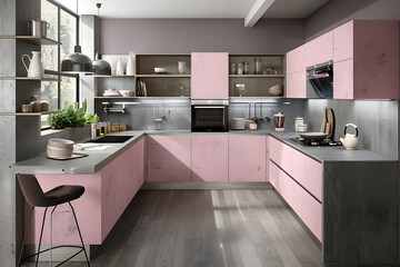 Contemporary modern kitchen interior in shady rose pink colors and concrete details.