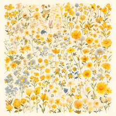 Delightful Bouquet of Hand-Drawn Yellow and Blue Flowers - Perfect for Graphic Design and Creative Projects