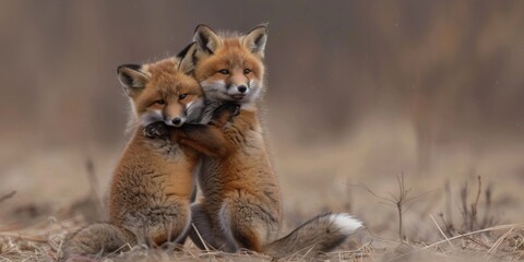 Fototapeta premium Wild animals in natural habitat, two little foxes. Generative AI