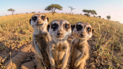 Three meerkats standing together in savanna