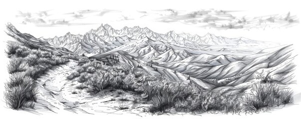 A mountain trail offers breathtaking views, each twist and turn captured in a detailed ink drawing draw concept