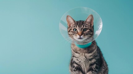Regal Recovery: Cat in Transparent Cone Collar with Copy Space (Surreal Studio Portrait)