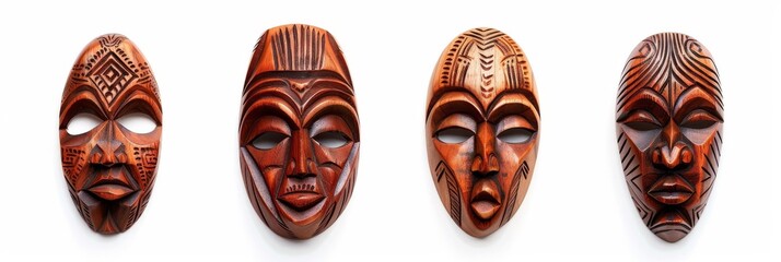 Wooden African Tribal Masks Set Isolated, Traditional Wooden Mask Carving on White