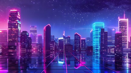 Cyberpunk Cityscape Beautiful Neon Night, Futuristic Skyscraper Illustration