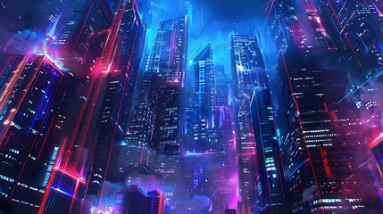 Cyberpunk Cityscape Beautiful Neon Night, Futuristic Skyscraper Illustration