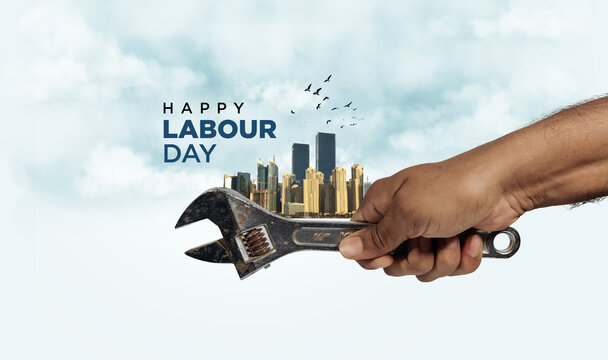 Happy Labour Day concept. 1st May- International labor day 3d concept. Labor safety and right at Workplace. World Day for Safety and Health at Work concept. Social Justice and Decent Work for All