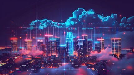 Digital illustration of a vibrant cityscape with edge computing symbols, highlighting the technology's potential