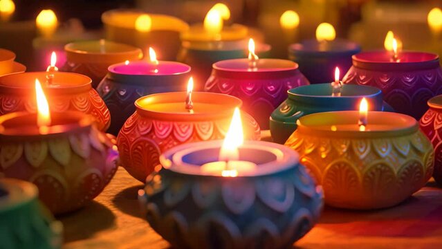 Colorful diya lamps lit during Diwali celebration in India, Colorful clay diya lamps lit during diwali celebration with copy space