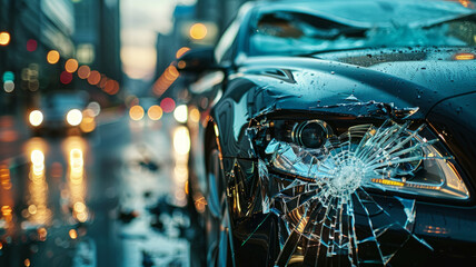 Fototapeta premium Car with a smashed windshield at night.