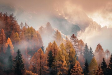 Colorful abstract autumn landscape with peaks and clouds, on a foggy morning, Dolomites Mountains,