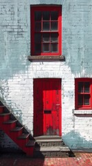 A red door and stairs in front of a white building, AI