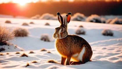 Hare in nature in winter at sunset