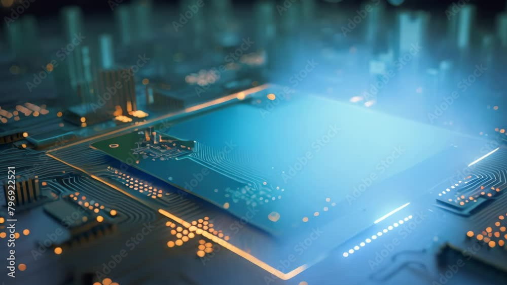 Poster close-up of electronic circuit board with microchip, 3d rendering, futuristic circuit board and micr