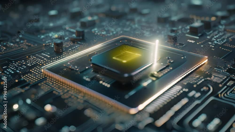 Poster circuit board with microchips close up. 3d rendering, futuristic circuit board and microchip with a 