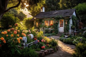 Home backyard cottage garden - obrazy, fototapety, plakaty