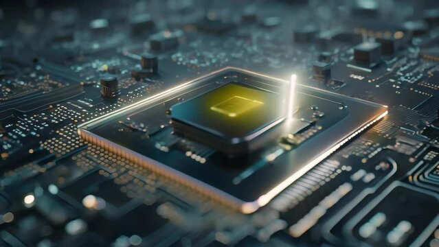 Circuit board with microchips close up. 3d rendering, Futuristic circuit board and microchip with a glowing data transfer board