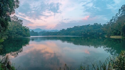 Panoramic lake view with lush forest at twilight - obrazy, fototapety, plakaty