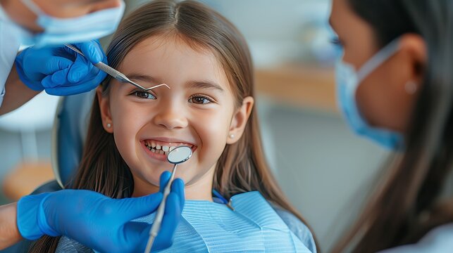 A little girl with a happy smile gets her teeth examined by a dentist