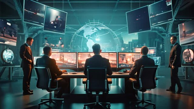 Silhouettes of businessmen working in modern office with computers and screens. Mixed media, Futuristic cybersecurity workspace with a team of security professionals collaborating