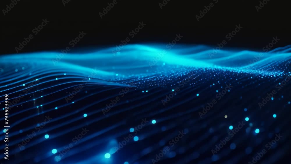 Poster Futuristic technology wave background with glowing particles. 3d rendering, Glowing blue lines and an abstract data system on a black background representing a complex data flow