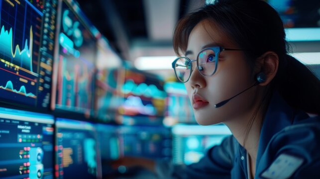 Focused female technician with headset analyzing complex data on multiple screens in a modern computing environment
