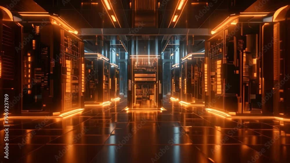 Poster 3d rendering of futuristic server room with glowing lights and reflections, it server and a modern d