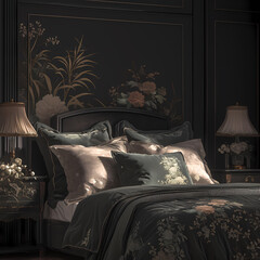 A sumptuous dark bedroom with rich decor and elegant floral wallpaper. Ideal for a sophisticated ambiance in your interior design.
