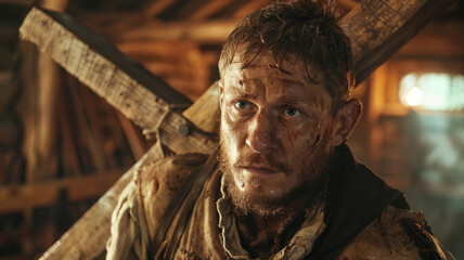 Obraz premium A dirty and intense-looking man in a rustic setting