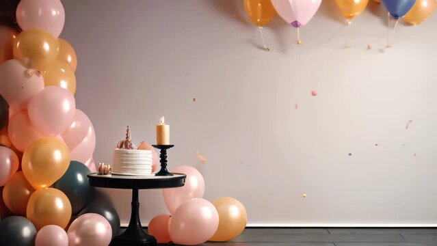 Birthday cake with candles and balloons in room, space for text, Mock-up poster in an interior background with red balloons