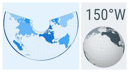 World map animation. Albers equal-area conic projection. Colored continents style. Animated world map in Albers projection. Loopable animation showing longitude shift and matching globe.