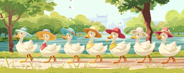 On a sunny day, a line of ducks and geese parade through the park, each wearing a different colorful hat, turning a simple walk into a festive display of fashion and fun in cartoon concept