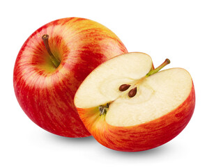 Red apple and half isolated on transparent background.
