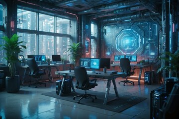 Stylish office of the future, technology development concept, neon color.