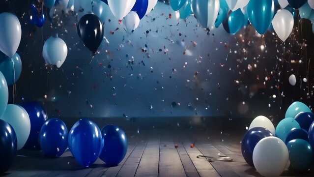 Festive background with balloons and bokeh lights. 3d rendering, Party Background with lights, confetti, balloons and serpentine