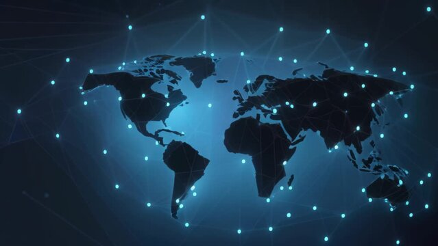 Abstract digital world map with connection lines and dots on blue background. Vector illustration, Polygon world map with blockchain technology peer-to-peer network on a blue background