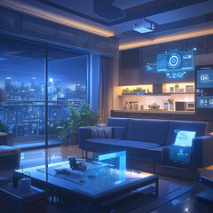 Modern Smart Home Interior with Advanced Digital Displays and Innovative Gadgets, Overlooking the Cityscape at Night