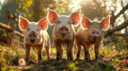 Three pigs on a farm at sunset