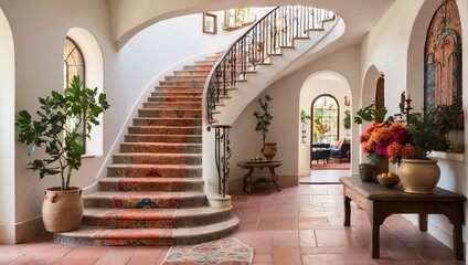 A staircase with colorful  tile and a runner rug