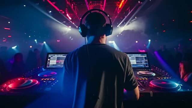 DJ playing music at a nightclub with lights and smoke in the background, Rear view of a DJ with headphones at a nightclub party