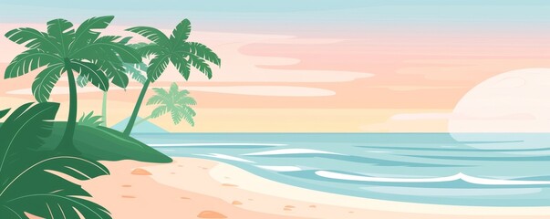 Fototapeta na wymiar a beach with palm trees and the sea, a pink sky, blue and green colors, simple shapes, in the style of a cute style Generative AI